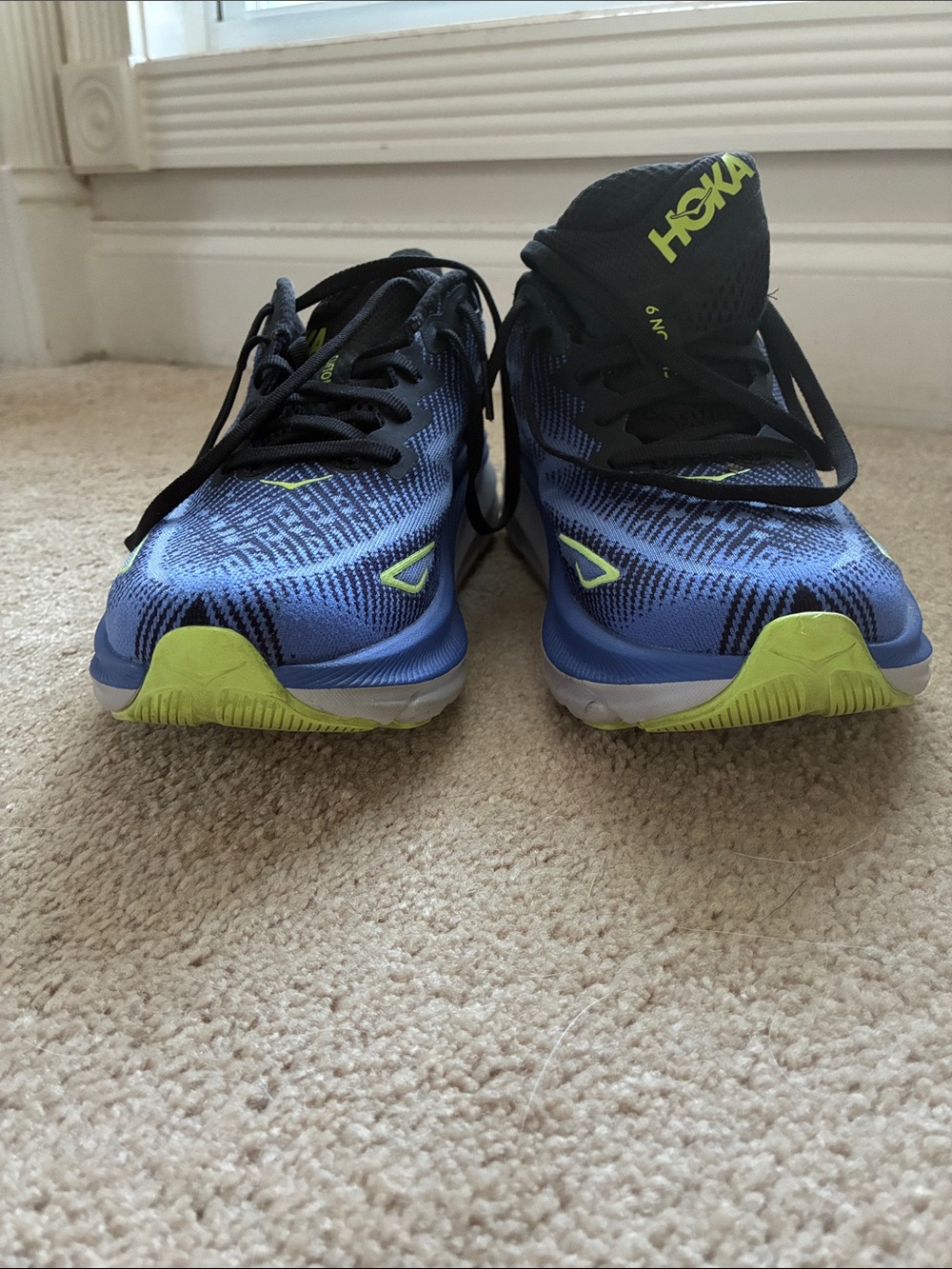 Hoka Clifton 9 Blue and Black Women's Running Shoes with Lime Accents - Picture 6 of 6